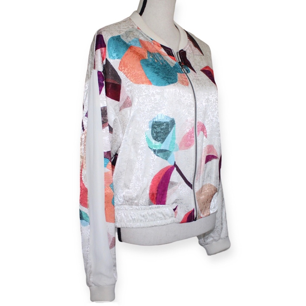 Anthropologie Elevenses Bomber Jacket Geo Print Satin Ivory Pastel Zipper Size M